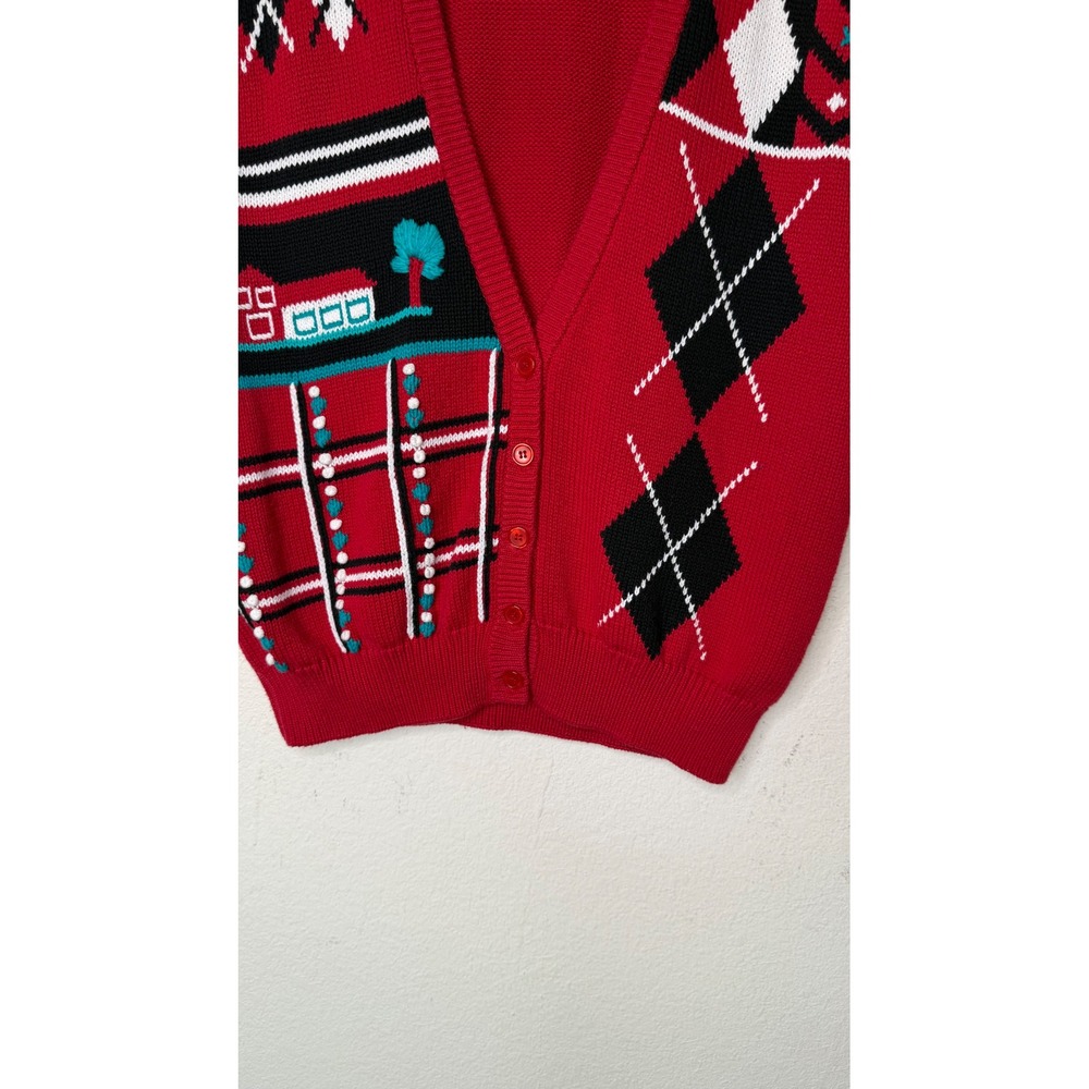 Vintage Koret Sweater Vest Women L Red Cottagecore Argyle Novelty Knit Button - Picture 8 of 14